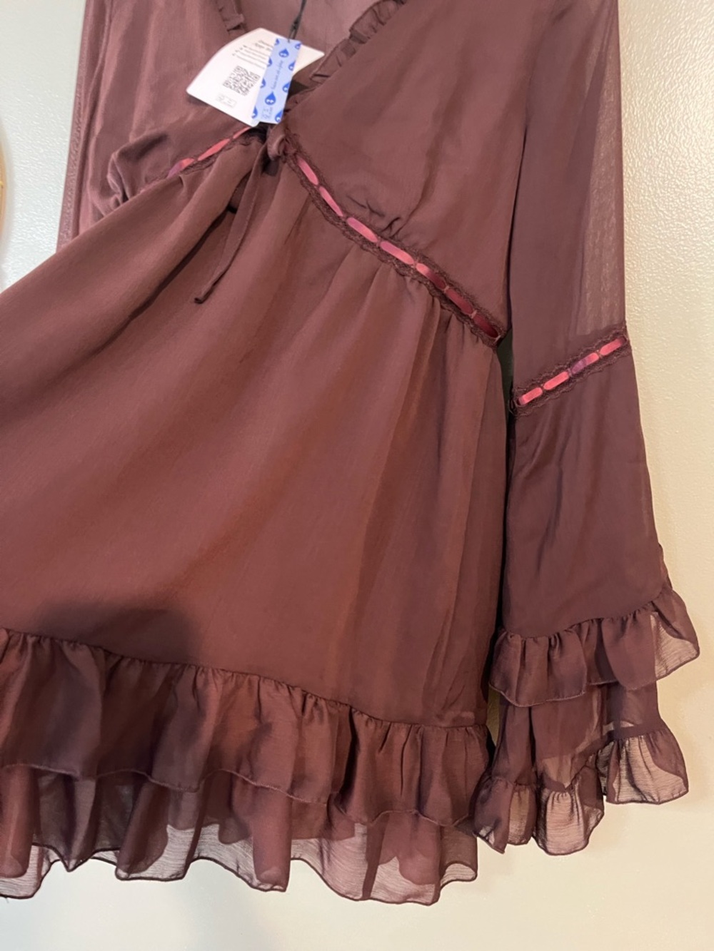 Sheer Ruffle V-Neck Mini Dress in Chocolate Brown By Cider Baby Doll M NWT - Picture 6 of 12